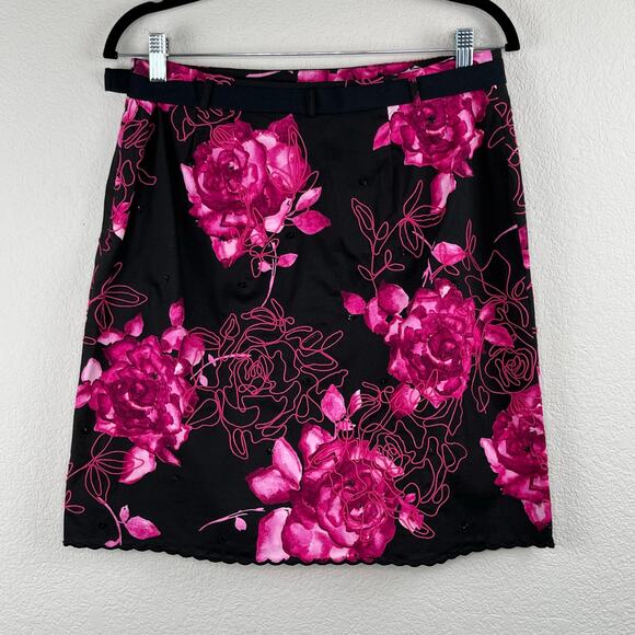 Grace Elements Black Pink Belted Embroidered Floral Pencil Mini Skirt Petite 10 - Picture 2 of 12